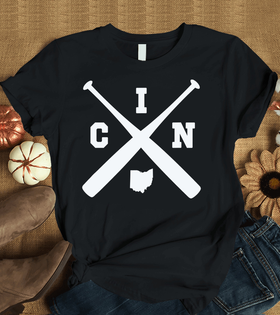 CIN Crossed Baseball Bats Ohio State Outline T-Shirt