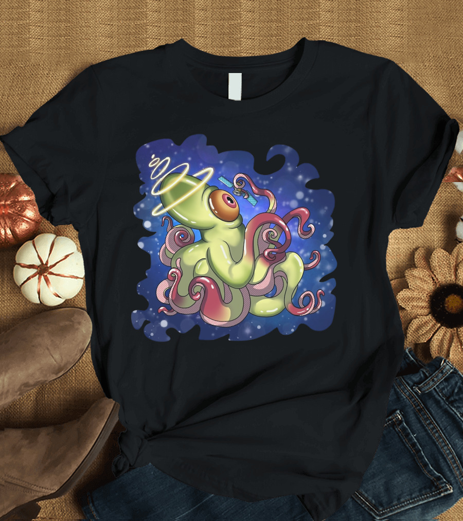 Avocado Space Octopus with Rings on Tentacle Spaceship Background Sleeveless Top T-Shirt