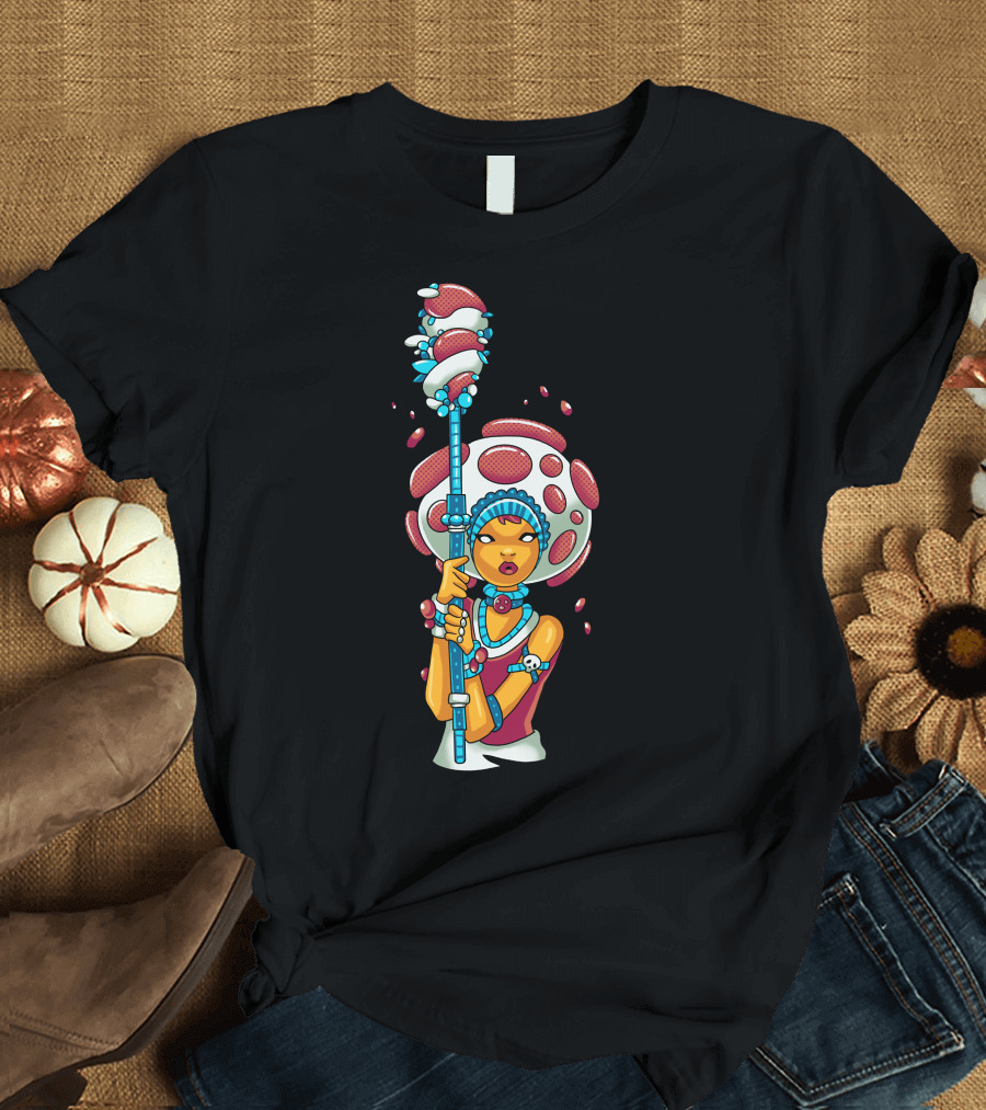 Mushroom Warrior with Staff and Beaded Headgear T-Shirt