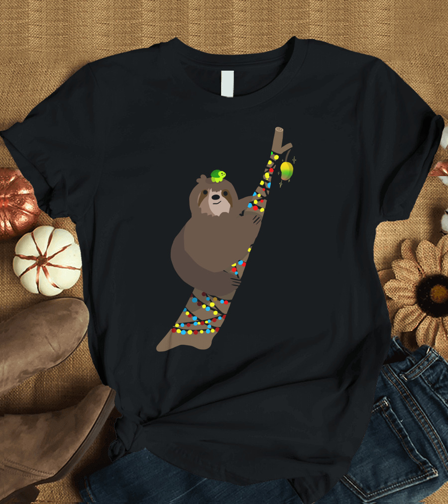 Sloth and Turtle with Colorful Holiday Lights and Tree T-Shirt