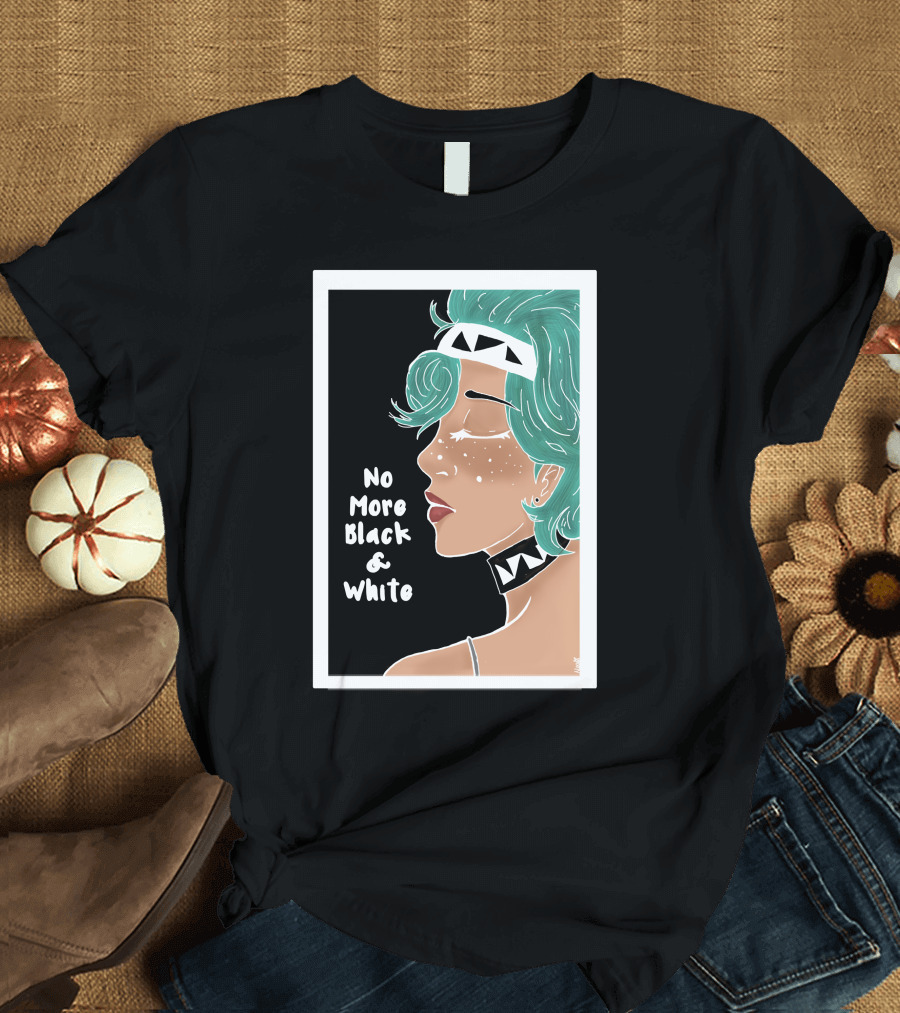 No More Black and White Freckled Portrait with Teal Hair and Geometric Headband T-Shirt