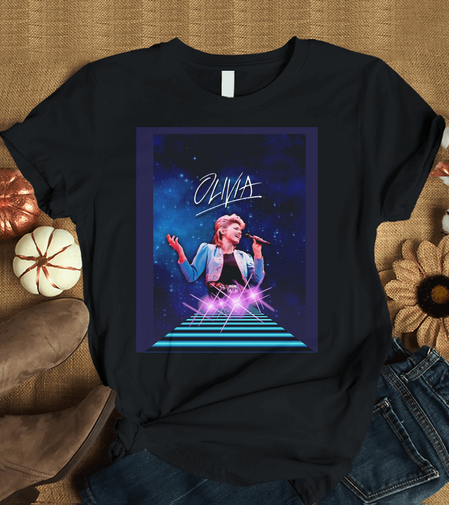 Olivia 1982 Concert Blue Jacket Microphone Retro Neon Stage T-Shirt