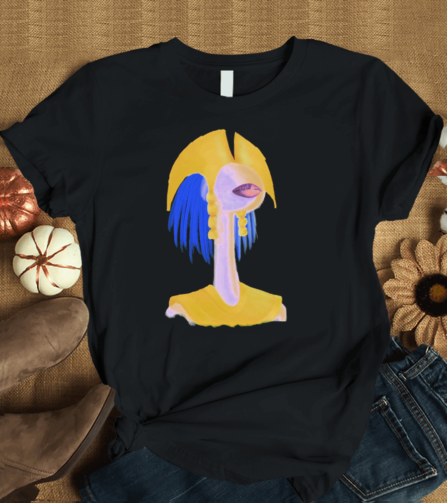 Ornate Monster Bust with Golden Headpiece and Blue Hair on Chiffon T-Shirt