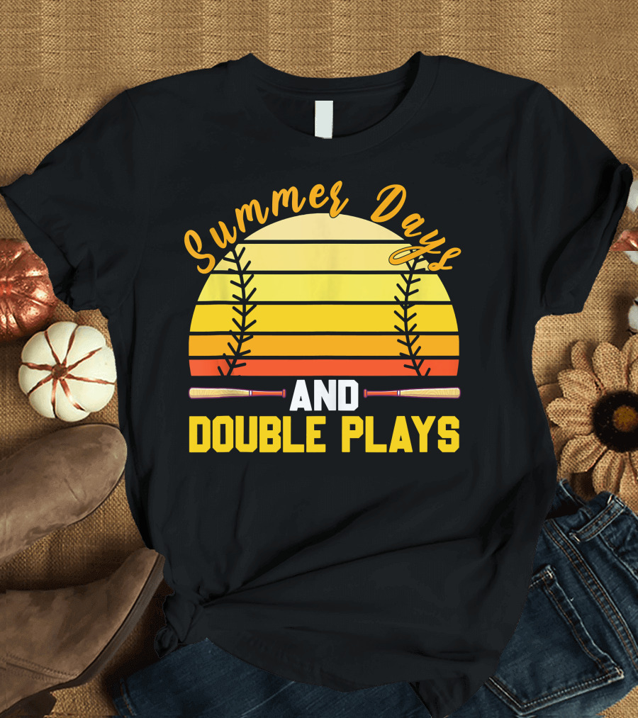 Summer Days and Double Plays Baseball Softball Sunset with Bats T-Shirt