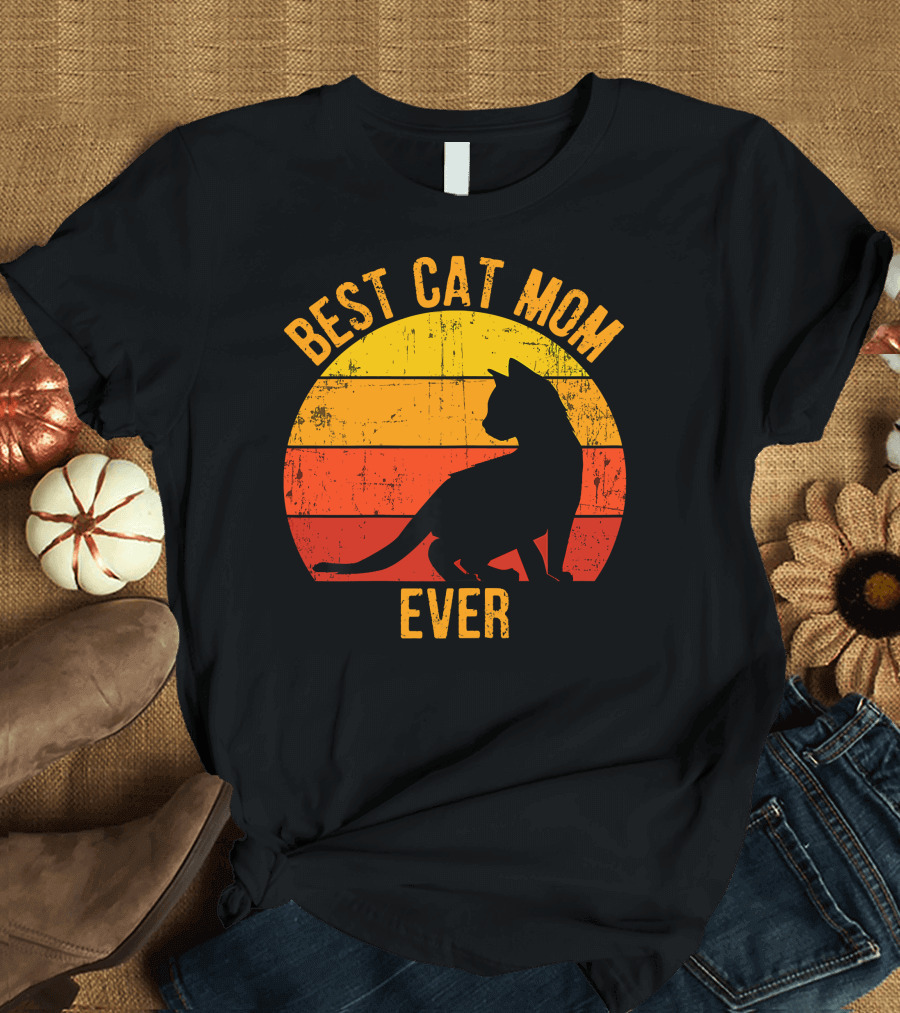 Best Cat Mom Ever Retro Sunset T-Shirt