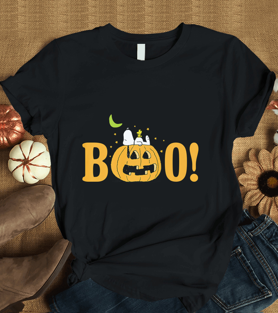 Snoopy and Woodstock Halloween Boo Pumpkin Moon Stars T-Shirt