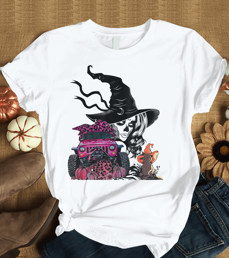 My Broom Broke Now I Drive A Black Jeep With Witch Hat and Halloween Cat T-Shirt