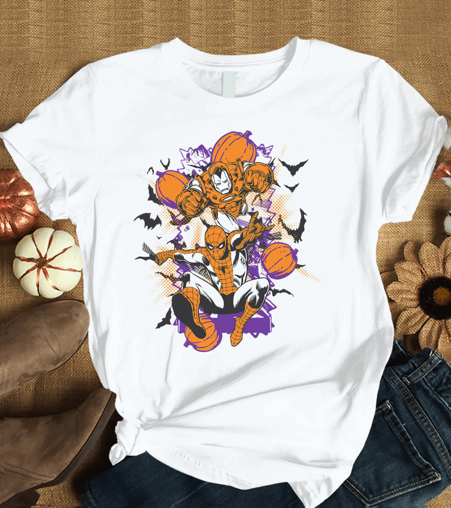 Marvel Spider Man and Iron Man Halloween Pumpkins and Bats T-Shirt