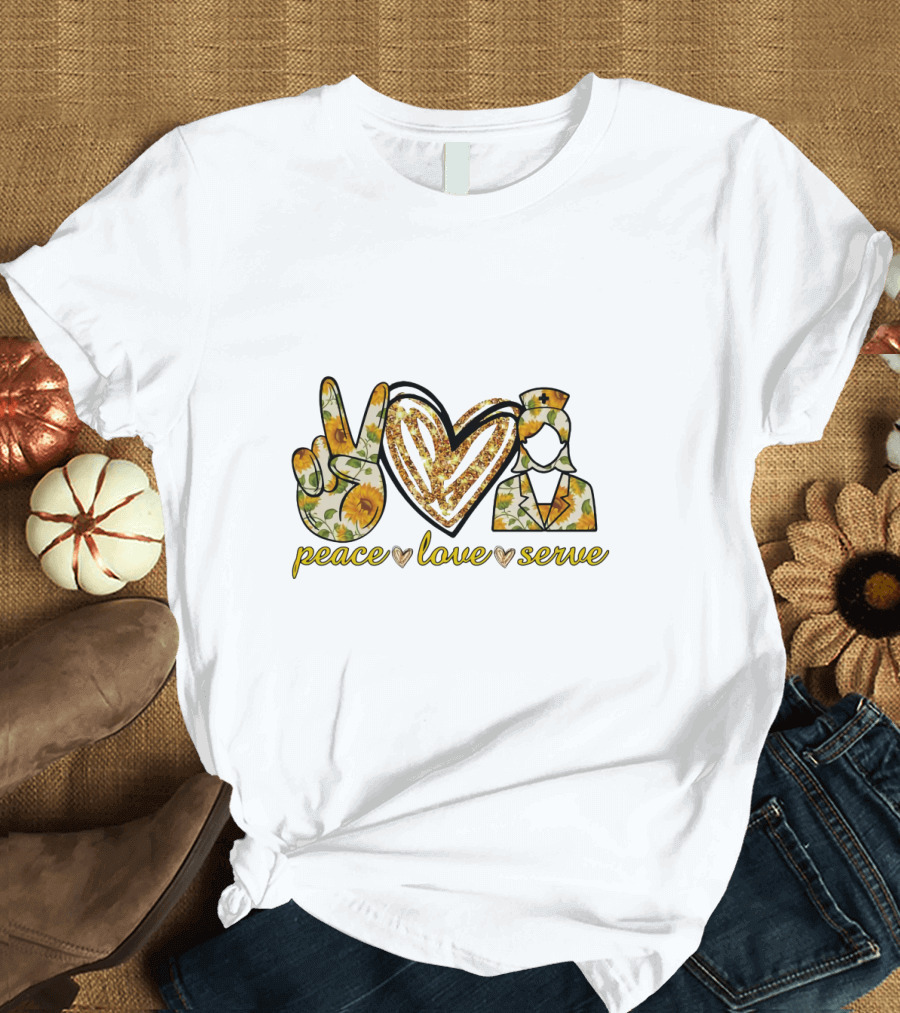 Peace Love Serve Nurse Practitioner Sunflower Heart Peace Sign Nurse Hat T-Shirt