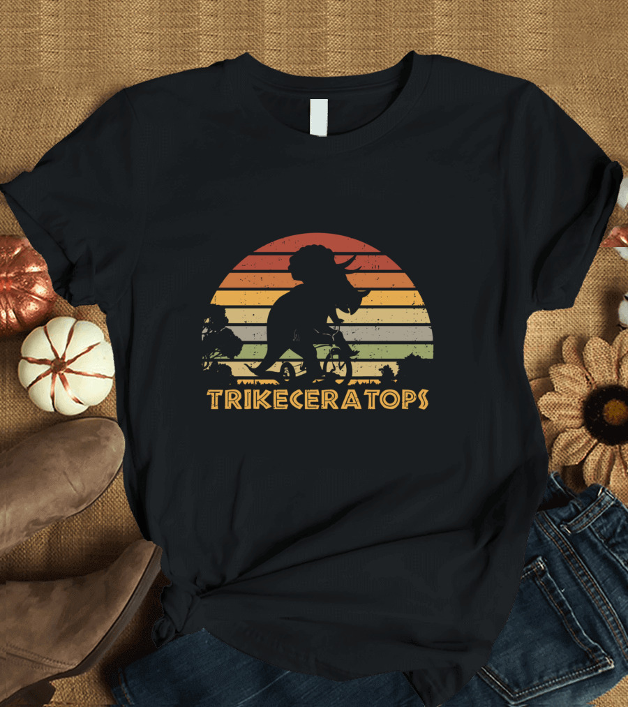 Trikeceratops Dinosaur Cycling Sunset T-Shirt
