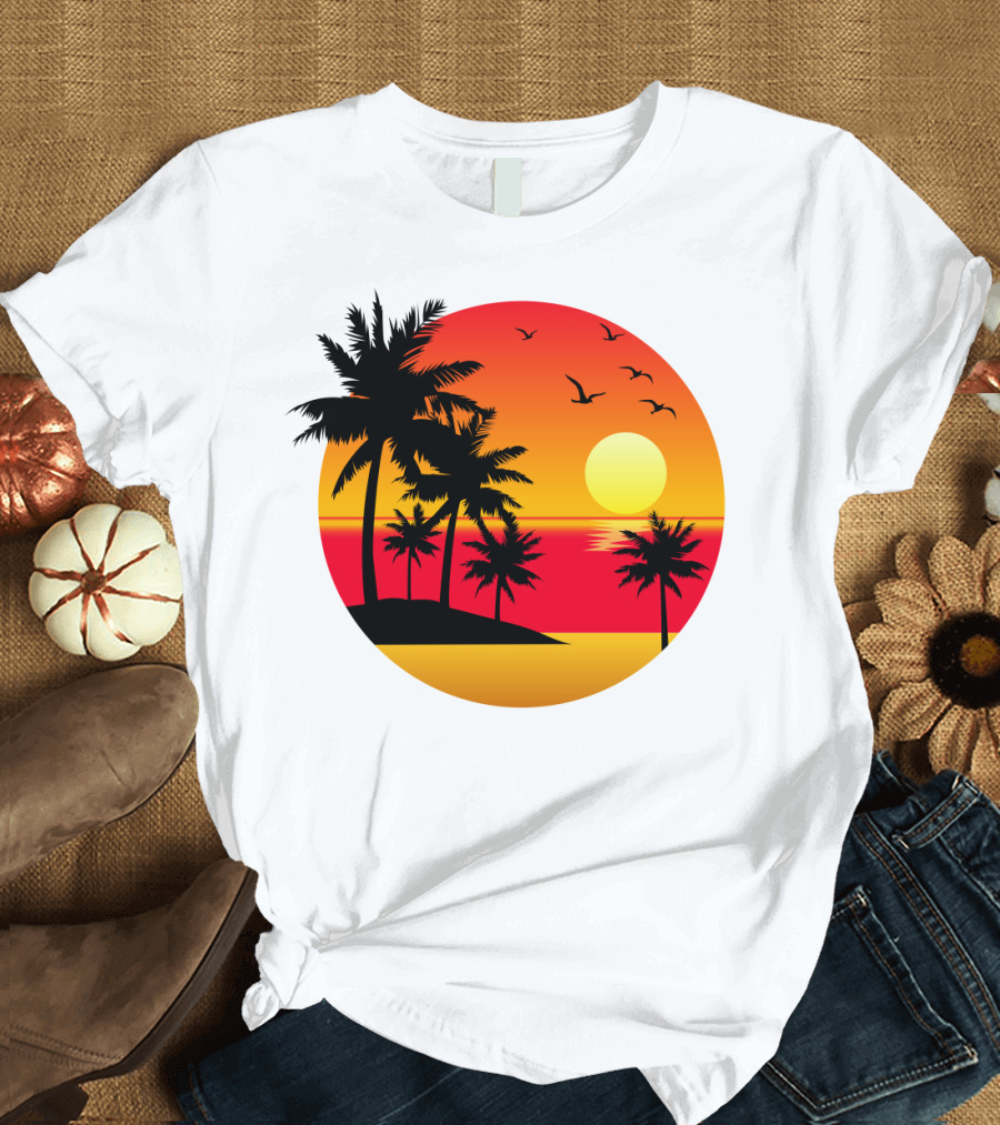 Sunset Summer Tropical Palm Island with Birds and Sunset Sky T-Shirt