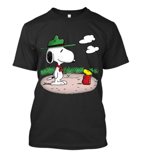 Snoopy Woodstock Camping Adventure With Green Hats And Red Scarf T-Shirt