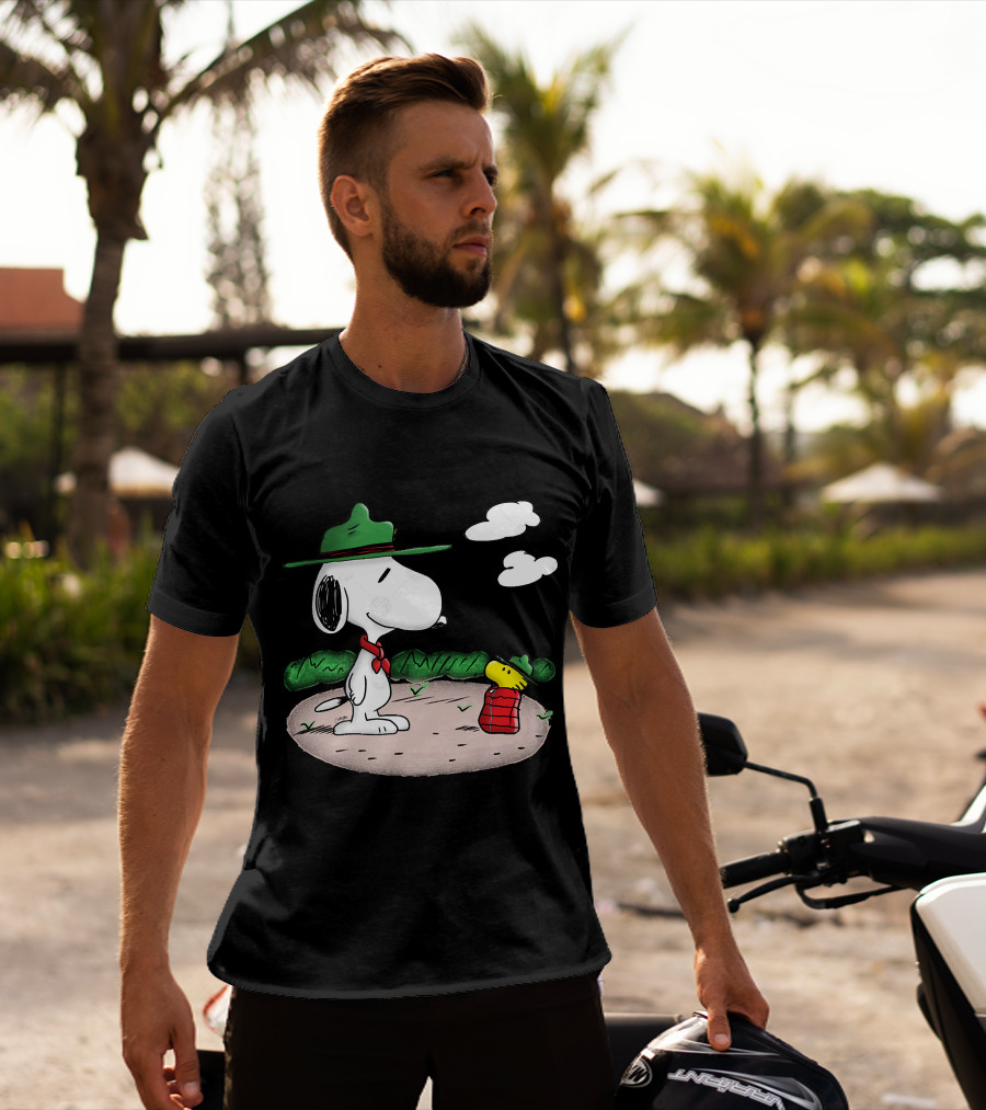 Snoopy Woodstock Camping Adventure With Green Hats And Red Scarf T-Shirt