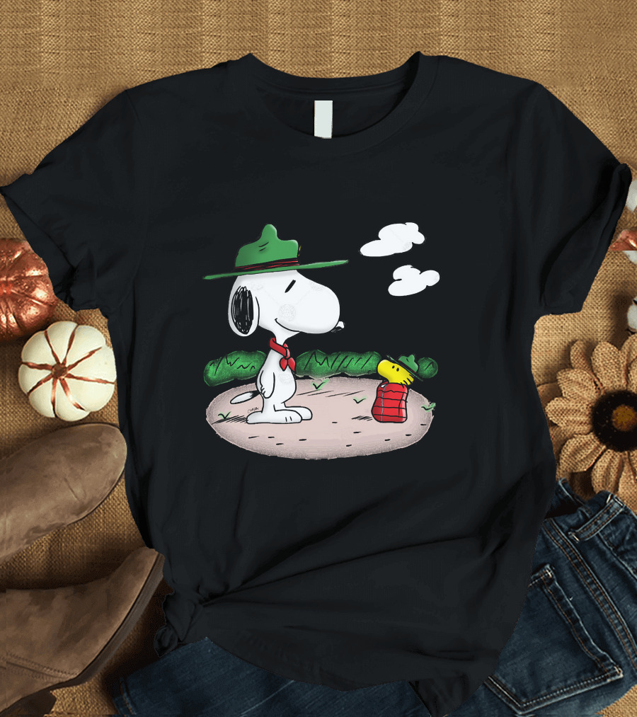 Snoopy Woodstock Camping Adventure with Green Hats and Red Scarf T-Shirt