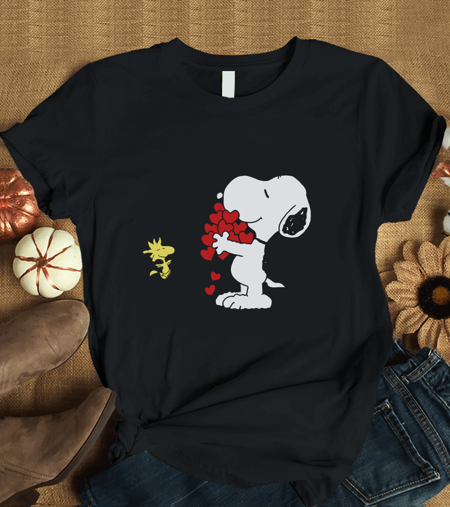 Snoopy Holding Hearts with Woodstock Hugging T-Shirt