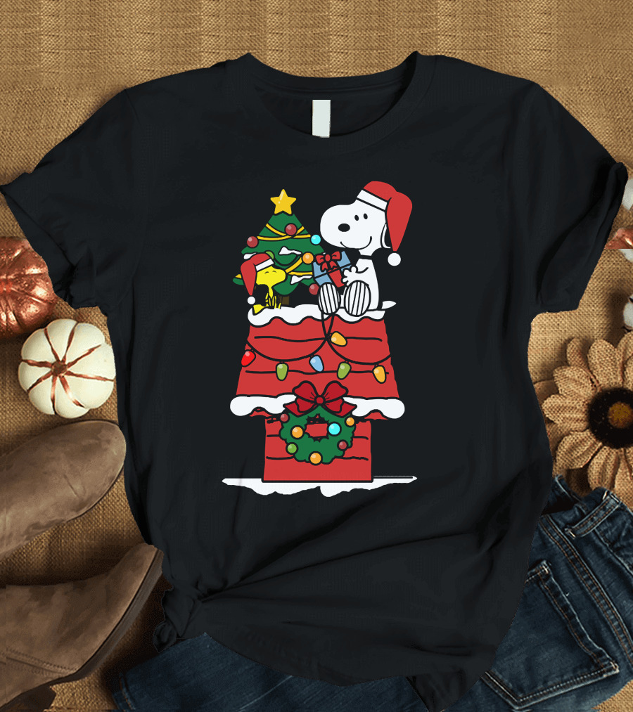 Snoopy and Woodstock Celebrate Christmas on Doghouse with Santa Hats and Tree T-Shirt