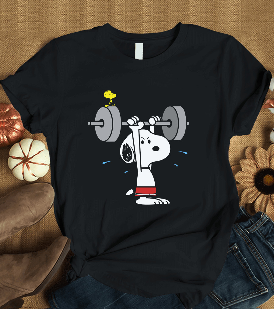 Snoopy Weightlifting with Woodstock on Barbell T-Shirt