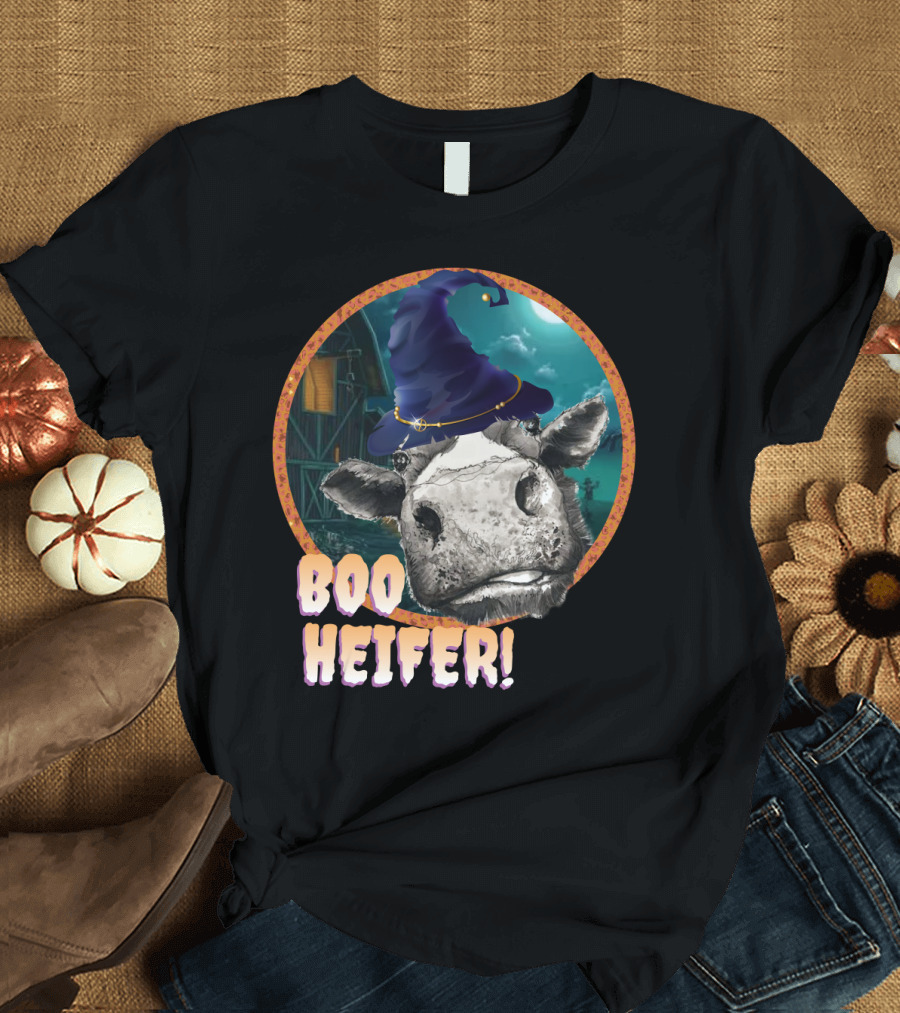 Boo Heifer Funny Halloween Cow Witch Farmer Lady with Hat and Farm Background T-Shirt