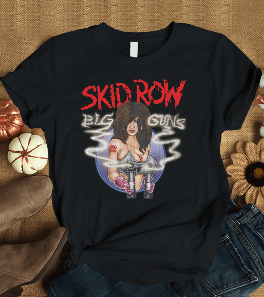 Skid Row Big Guns Heavy Metal Fan Art with Smoking Pistols Motif T-Shirt