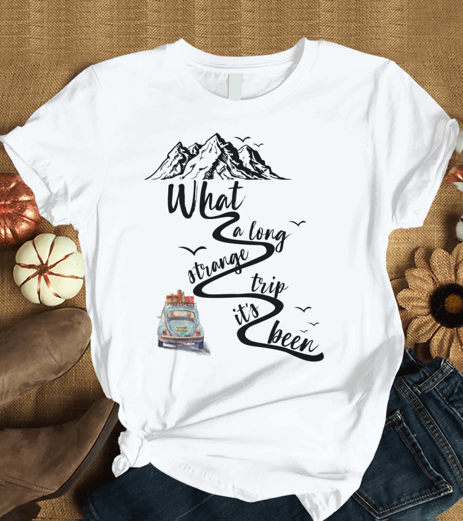 What A Long Strange Trip It's Been Grateful Dead Fans Vintage Car and Mountain Adventure T-Shirt