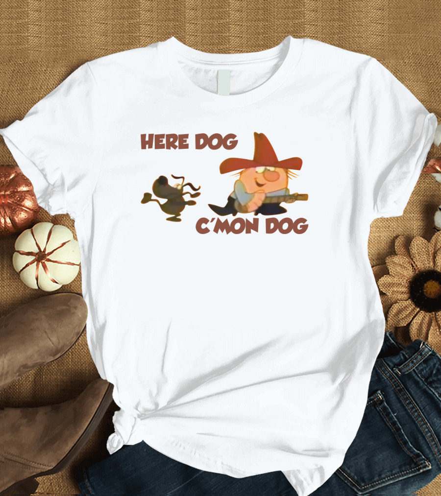 Here Dog C'mon Dog Cartoon Character with Cowboy Hat and Guitar T-Shirt