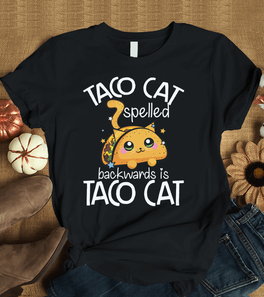 Taco Cat Spelled Backwards Is Taco Cat Cute Kawaii Design with Whimsical Stars and Playful Expression T-Shirt