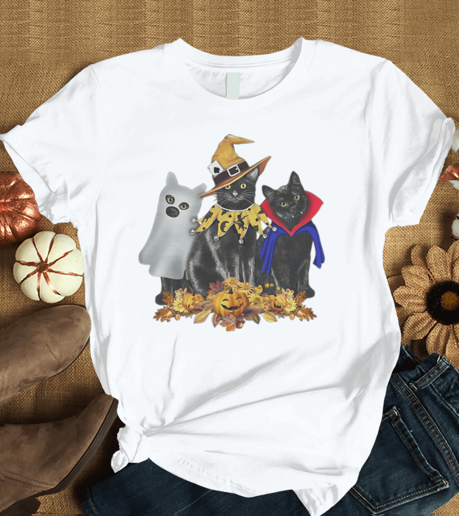 Black Cat Witch Boo Vampire Halloween with Pumpkins and Ghost Costume T-Shirt