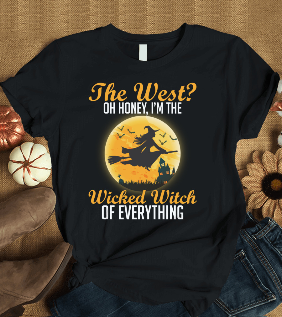 The West Oh Honey I'm The Wicked Witch Silhouette Flying on Broom Halloween Moon Scene T-Shirt