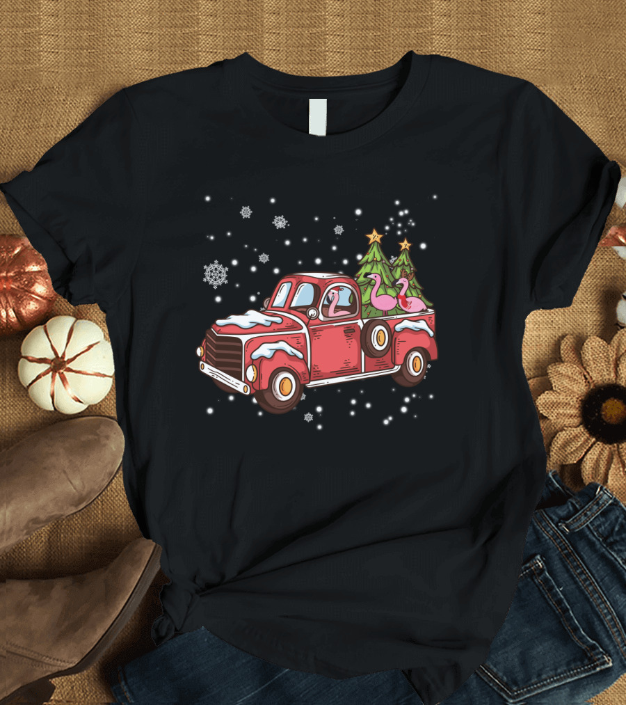 Christmas Flamingos Riding in Red Truck with Snowflakes and Christmas Trees T-Shirt