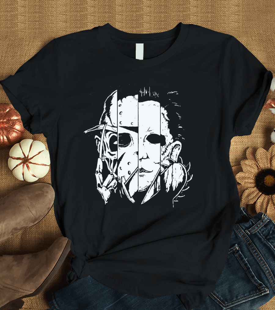 Freddy Krueger Jason Voorhees Michael Myers Thomas Iconic Horror Faces Combined T-Shirt