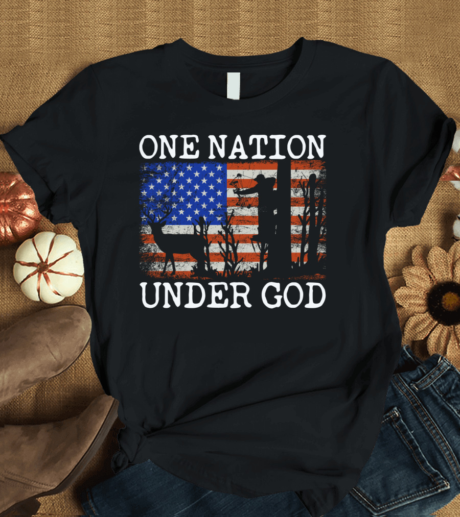 One Nation Under God American Flag Deer Hunting Bow Hunter T-Shirt