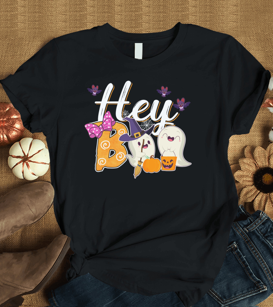 Hey Boo Ghosts with Pumpkins and Bats Simply Southern Halloween Collection T-Shirt
