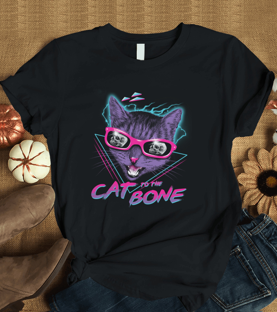 CAT TO THE BONE Retro Neon Cool Cat in Sunglasses with Skull Reflections T-Shirt