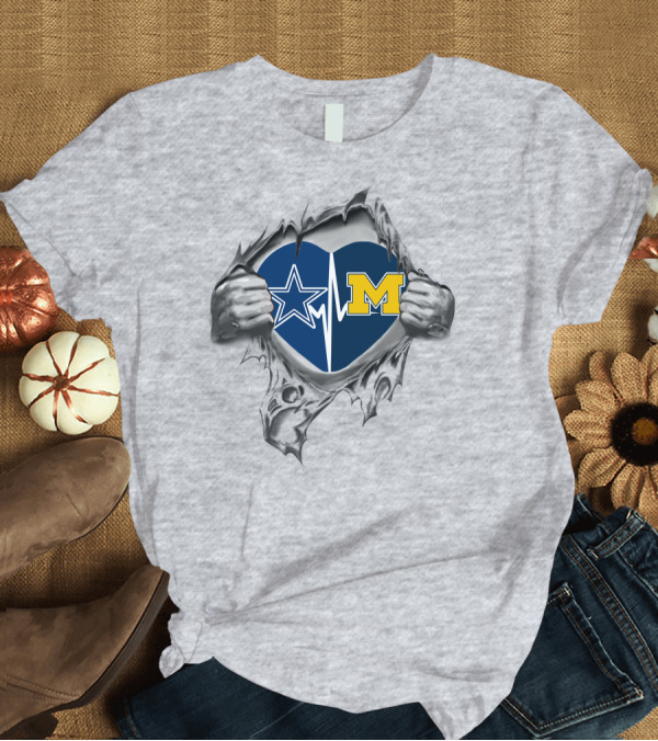 T-Shirt: Michigan Wolverines Heartbeat Dallas Cowboys Star T-Shirt Michigan Wolverines Heartbeat Dallas Cowboys Star T-Shirt