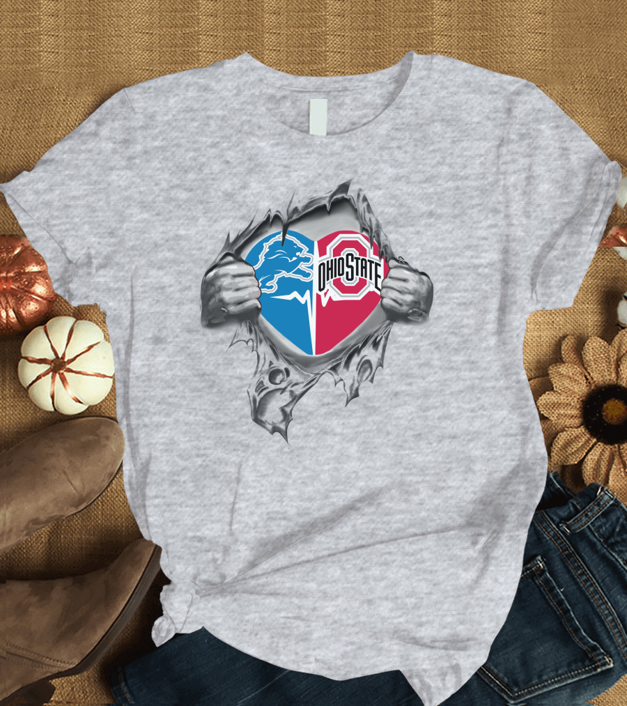 Detroit Lions Ohio State Buckeyes Heart Symbol with Rip Effect T-Shirt