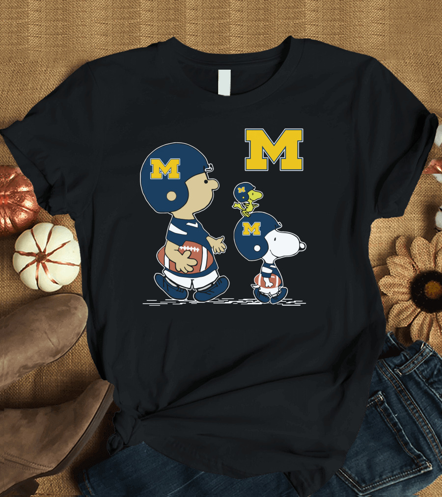 Michigan Wolverines Peanuts Football Characters With Iconic Block M T-Shirt