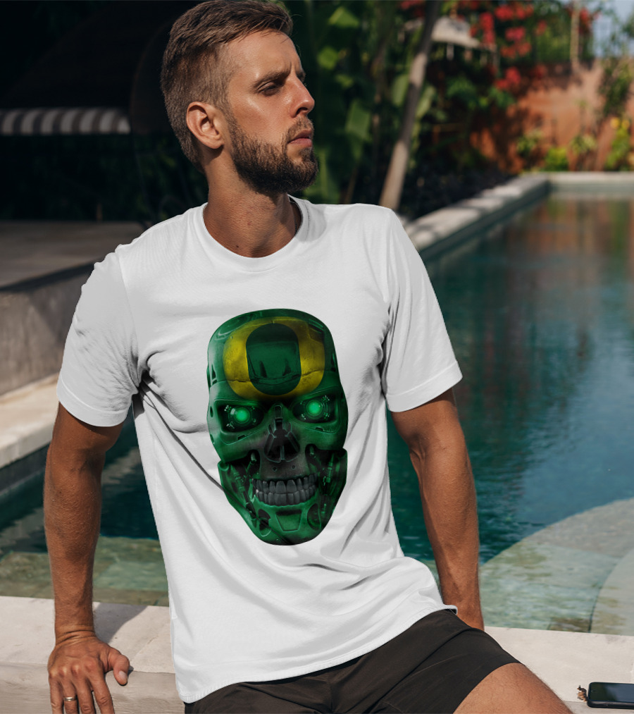 Oregon Ducks Skull Robot Green Neon Eyes T-Shirt