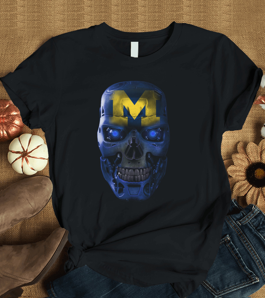 M Skull Wolverines Mech Cyborg Blue and Yellow T-Shirt