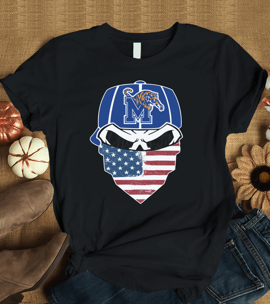 Memphis Tigers Skull Wearing American Flag Bandana with Logo Hat T-Shirt