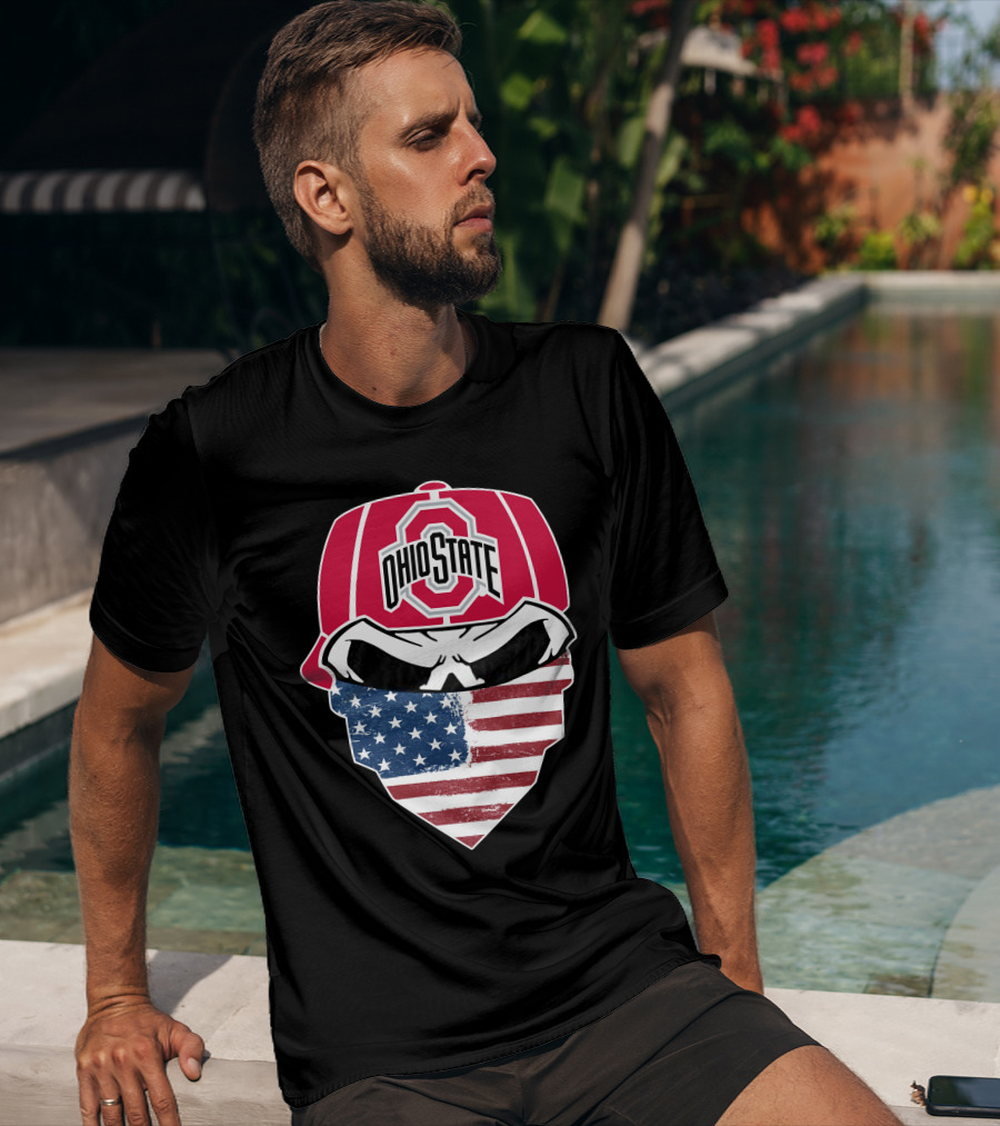 Ohio State Buckeyes Skull American Flag Bandana T-Shirt