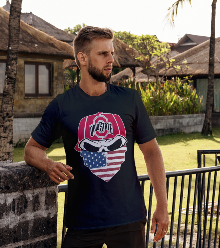 Ohio State Buckeyes Skull American Flag Bandana T-Shirt