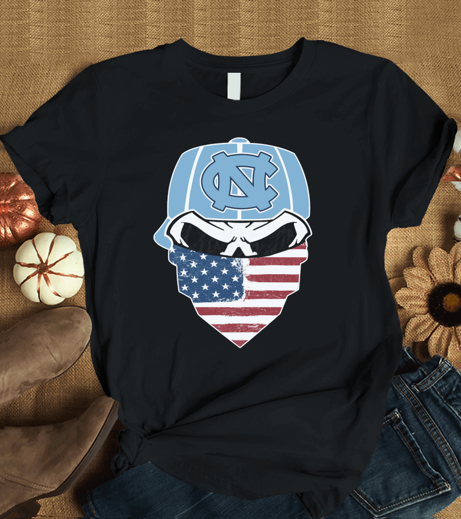 UNC Tar Heels Skull American Flag Bandana T-Shirt