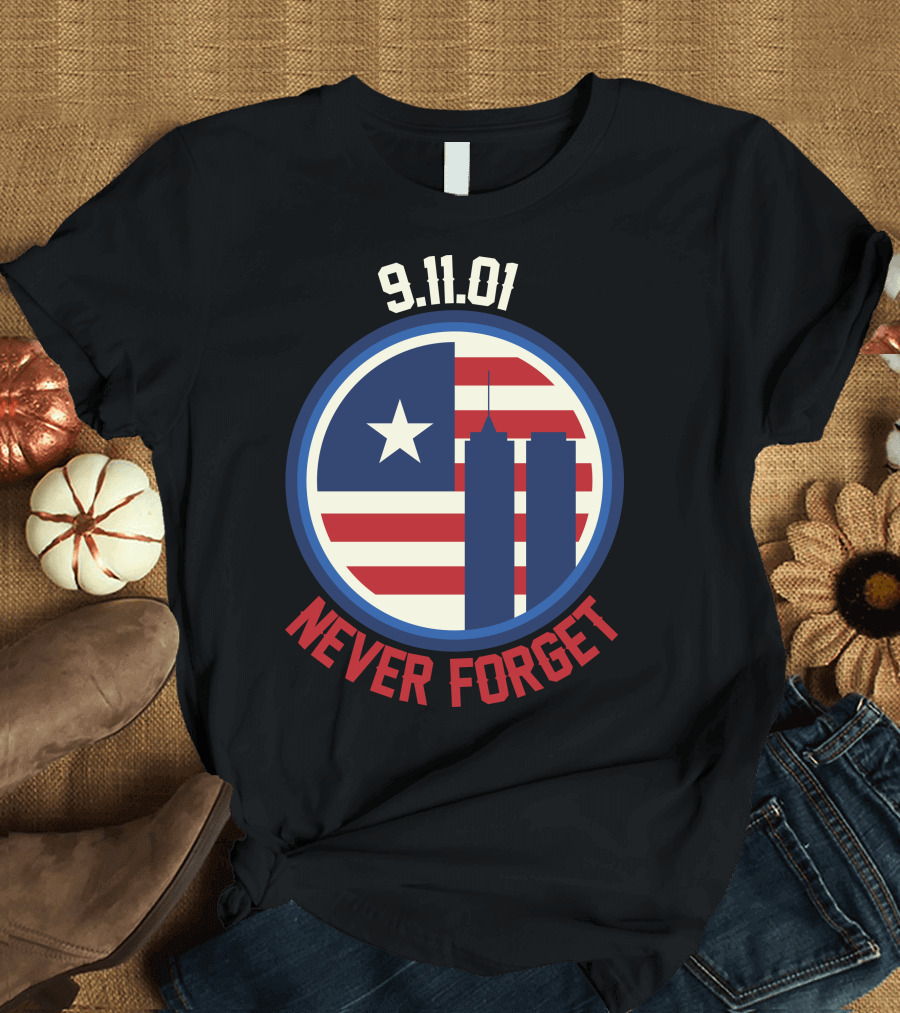 9.11.01 Never Forget Twin Towers American Flag Star T-Shirt