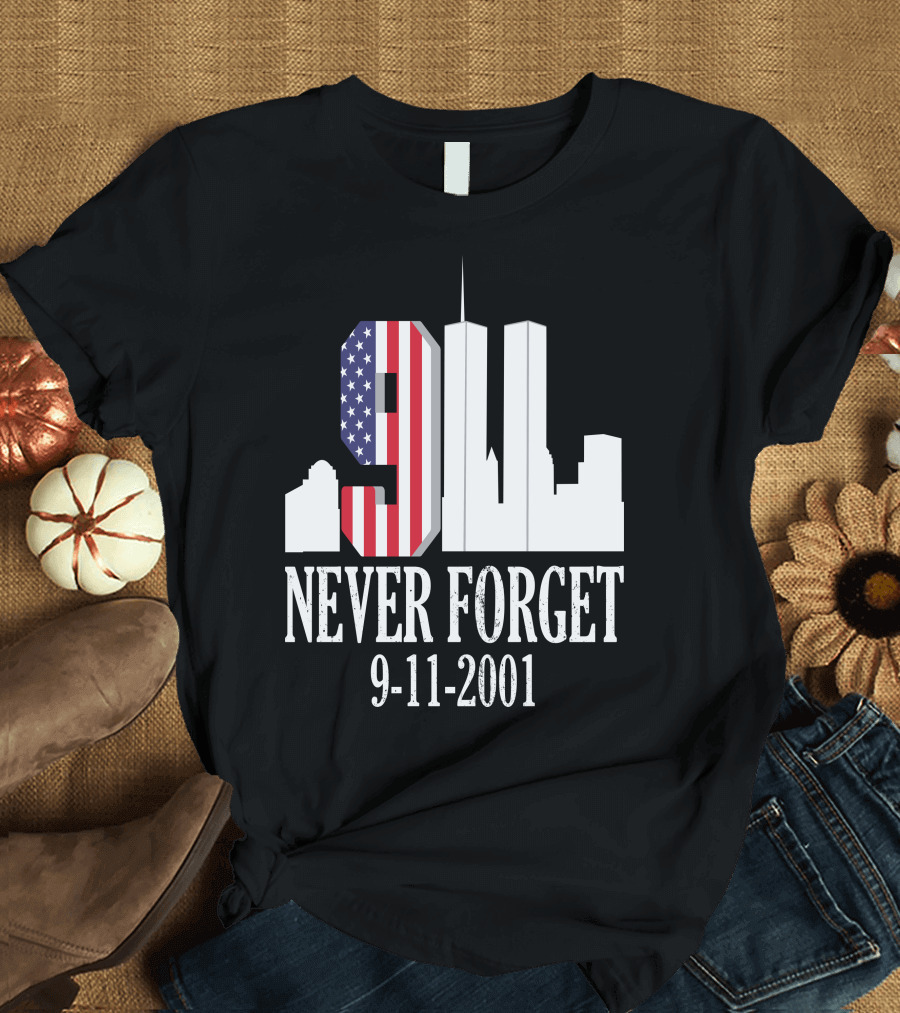 Never Forget 9-11-2001 American Flag Twin Towers Skyline T-Shirt