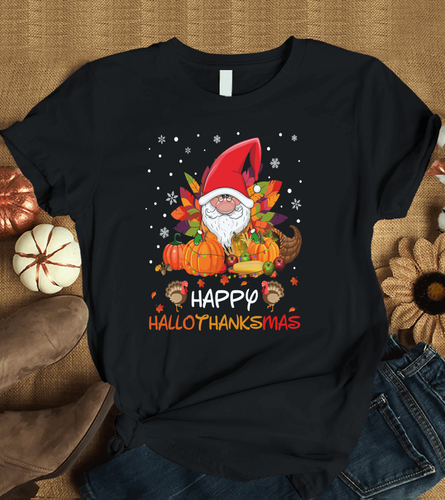 Happy HalloThanksMas Santa Hat Pumpkins Turkeys Cornucopia Snowflakes T-Shirt