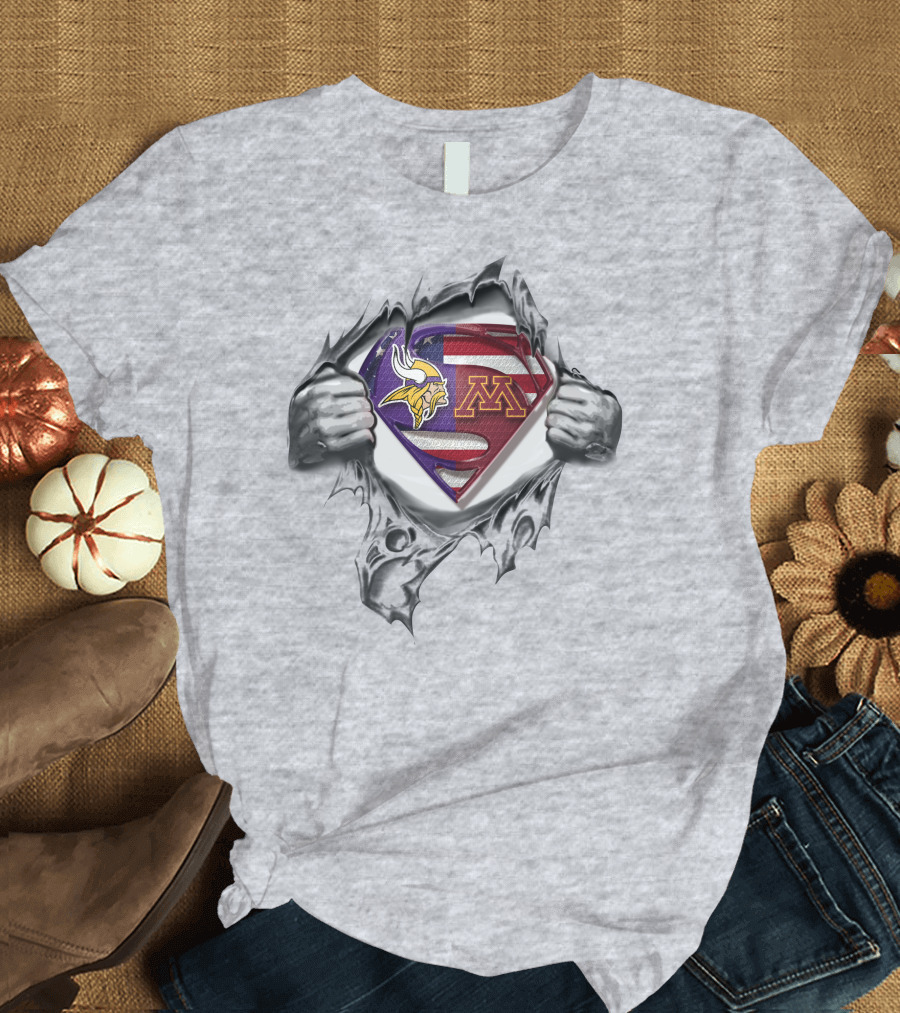 Minnesota Vikings Gophers Superman Logo American Flag T-Shirt