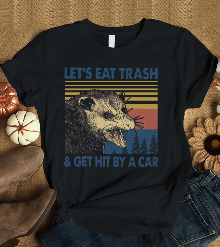 LET'S EAT TRASH and GET HIT BY A CAR Opossum Vintage Retro Stripe Forest T-Shirt