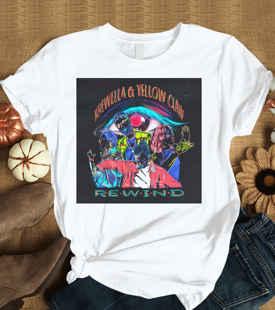Krewella and Yellow Claw Rewind Merchandise Featuring Neon Characters and Eye T-Shirt