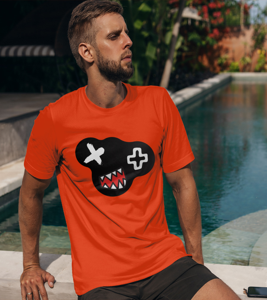 Monstrosity X Plus Mark Teeth Icon On Black Blob Shape T-Shirt