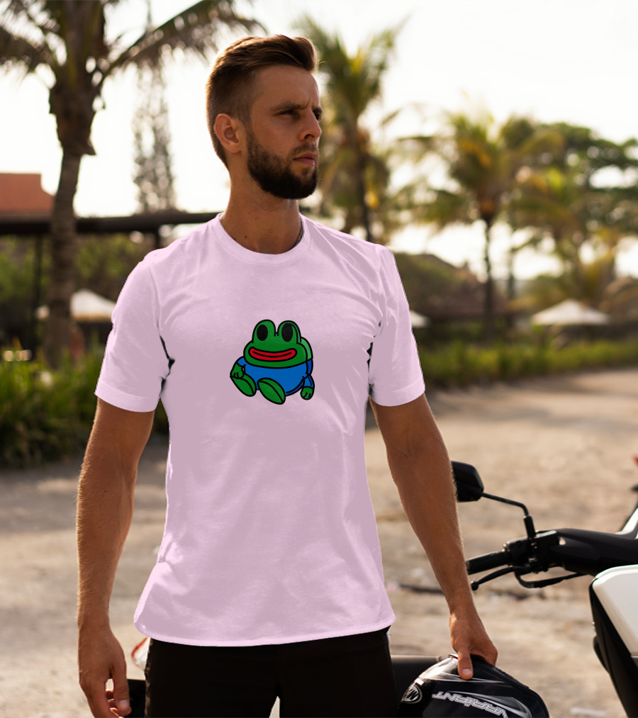 Mizkif Sat REALMizkif Pepe Frog Sitting Cartoon Pink Background T-Shirt